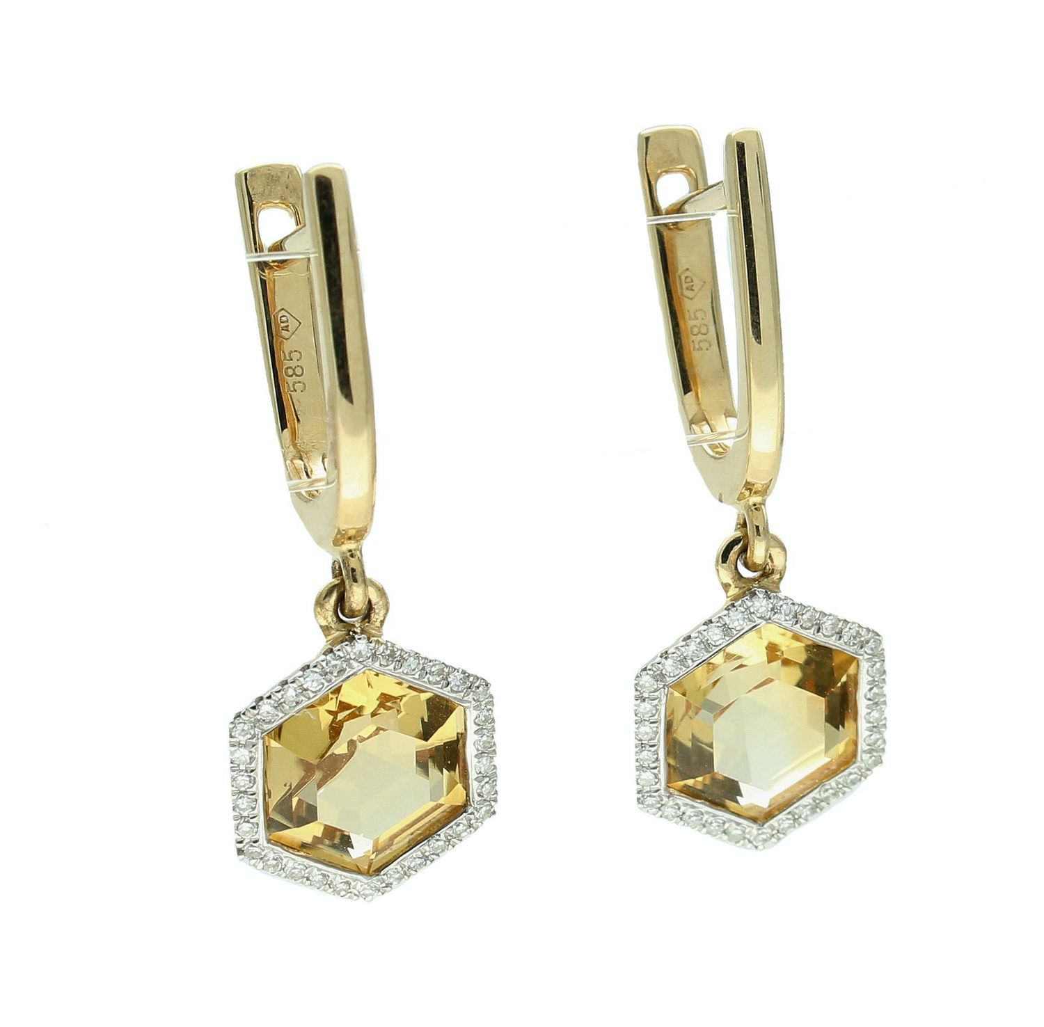 Kolczyki złote damskie 585 diamenty z kamieniem naturalnym Cytryn 0,13ct E84152Y A CT. Biżuteria z diamentami. Kolczyki damskie z diamentami. Złote kolczyki z diamentami i cytrynem. Kolczyki damskie z diamentami. Kolczyki zł.jpg